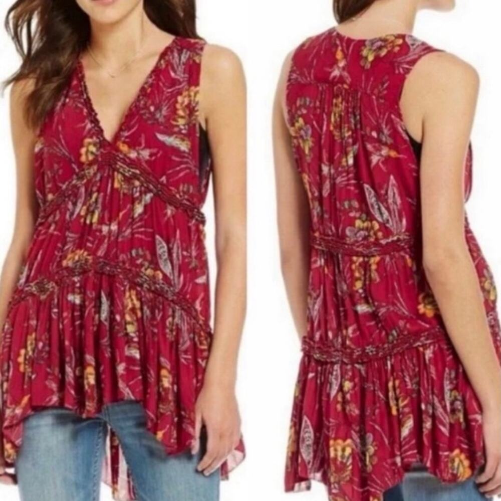 FREE PEOPLE Raspberry Haze Floral Hummingbird Sleeveless Tunic Top SZ XS